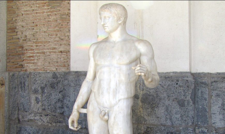 Polykleitos, <em>Doryphoros (Spear-Bearer)</em>, Roman marble copy of a Greek bronze, c. 450–440 BCE (Museo Archaeologico Nazionale, Naples; photo: Steven Zucker, CC BY-NC-SA 2.0)