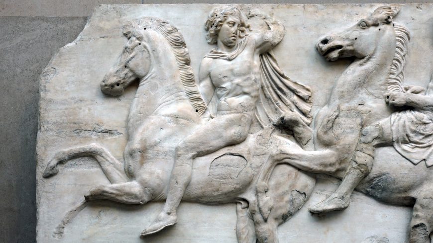 Phidias(?), Parthenon Frieze, c. 438-32 B.C.E., pentelic marble (420 linear feet of the 525 that complete the frieze are in the British Museum)