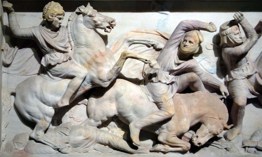 <em>The Alexander Sarcophagus</em>, c. 312 B.C.E., Pentelic marble and polychromy, found in Sidon, 195 x 318 x 167 cm (İstanbul Archaeological Museums)