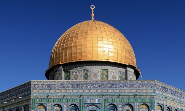 The Dome of the Rock (Qubbat al-Sakhra), Jerusalem, 691–92 (Umayyad), stone masonry, wooden roof, decorated with glazed ceramic tile, mosaics, and gilt aluminum and bronze dome, with multiple renovations, patron the Caliph Abd al-Malik