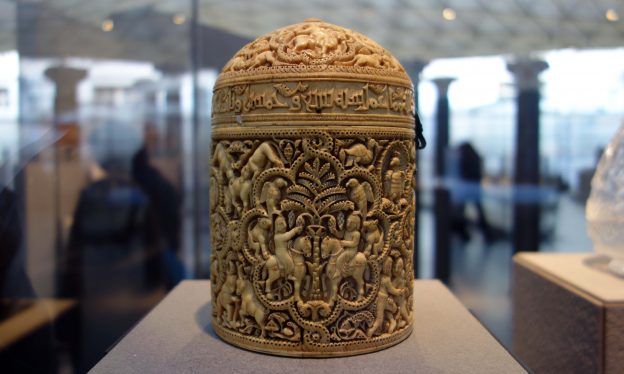 Pyxis of al-Mughira, possibly from Madinat al-Zahra, AH 357/ 968 C.E., carved ivory with traces of jade, 16 x 11.8 cm (Musée du Louvre, Paris; photo: Steven Zucker, CC BY-NC-SA 2.0)