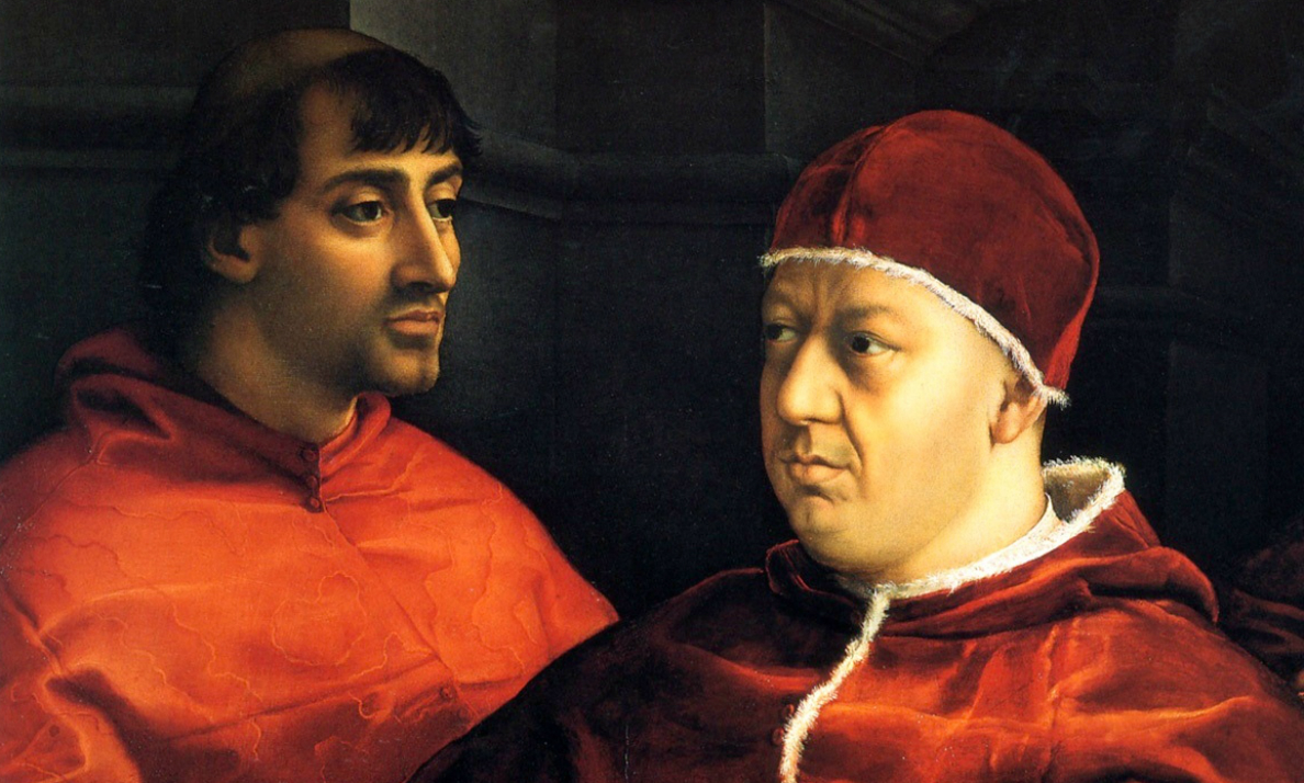 Raphael, Portrait of Pope Leo X with Cardinals Giulio de’Medici and Luigi de’Rossi, c. 1518, oil on panel, 119.5 x 155.5 cm (Galleria degli Uffizi, Florence)