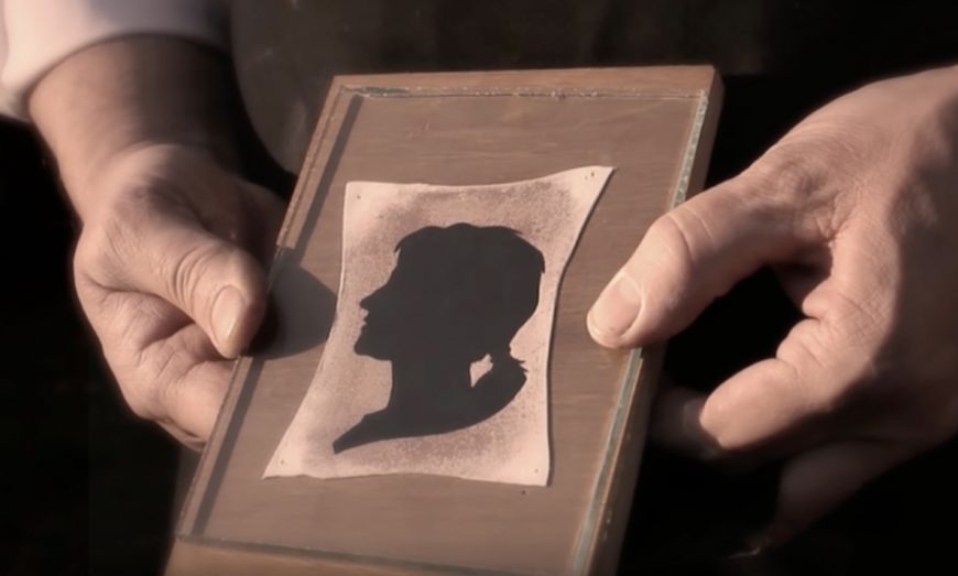 An example of Thomas Wedgewood's attempts to make photographic images with light's affect on leather treated with silver nitrate (George Eastman Museum)