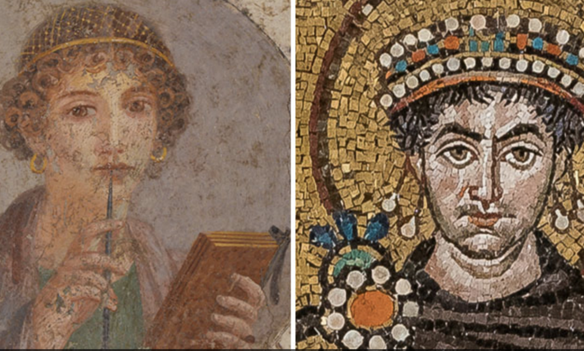 Left: Woman with wax tablets and stylus, c. 50 C.E., fresco (National Archaeological Museum, Naples; photo: Meidosensei, CC BY-SA 2.0); right: Justinian (detail), Justinian and Attendants, mosaic, north wall of the apse, San Vitale, Ravenna, Italy, c. 547 (photo: Steven Zucker, CC BY-NC-SA 2.0)