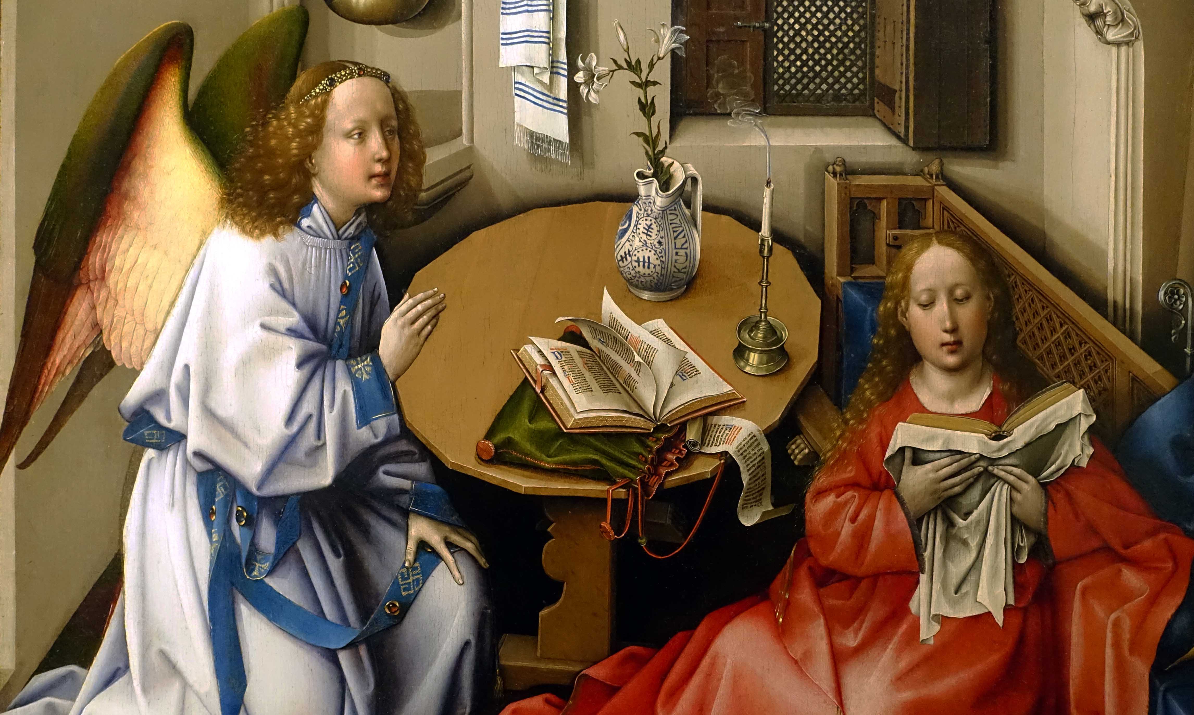 Workshop of Robert Campin, Annunciation Triptych (Merode Altarpiece), 1425-28, tempera and oil on panel (Metropolitan Museum of Art, New York)