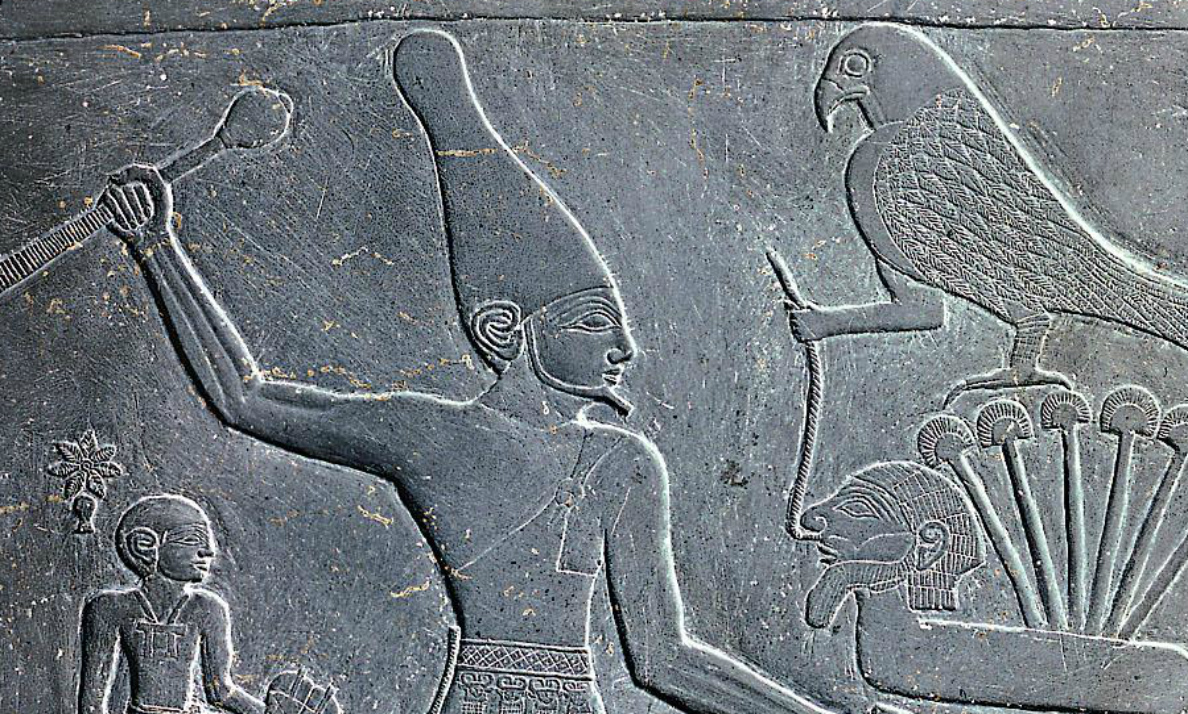 Palette of King Narmer, from Hierakonpolis, Egypt, Predynastic, c. 3000–2920 B.C.E., slate, 2 feet 1 inches high (Egyptian Museum, Cairo)