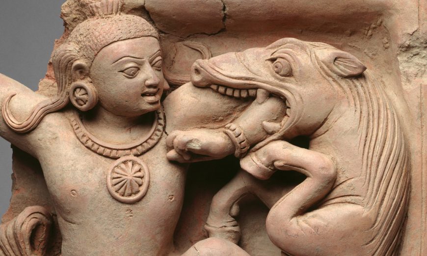 <em>Krishna Killing the Horse Demon Keshi</em>, 5th century (Gupta period), terracotta, 53.3 x 40.6. x 10.8 cm (The Metropolitan Museum of Art, New York)