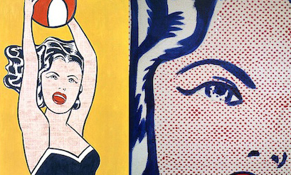 Left: Roy Lichtenstein, <em>Girl with a Ball</em>, 1961, oil on canvas, 60 1/4 x 36 1/4" (153 x 91.9 cm) (Museum of Modern Art, New York); right: Detail of face showing Lichtenstein's painted Benday dots