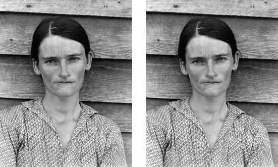 Left: Walker Evans, <em>Alabama Tenant Farmer Wife</em>, 1936, gelatin silver print, 20.9 x 14.4 cm, (The Metropolitan Museum of Art, New York); right: Sherrie Levine, <em>After Walker Evans</em>, gelatin silver print, 12.8 x 9.8 cm (The Metropolitan Museum of Art, New York)