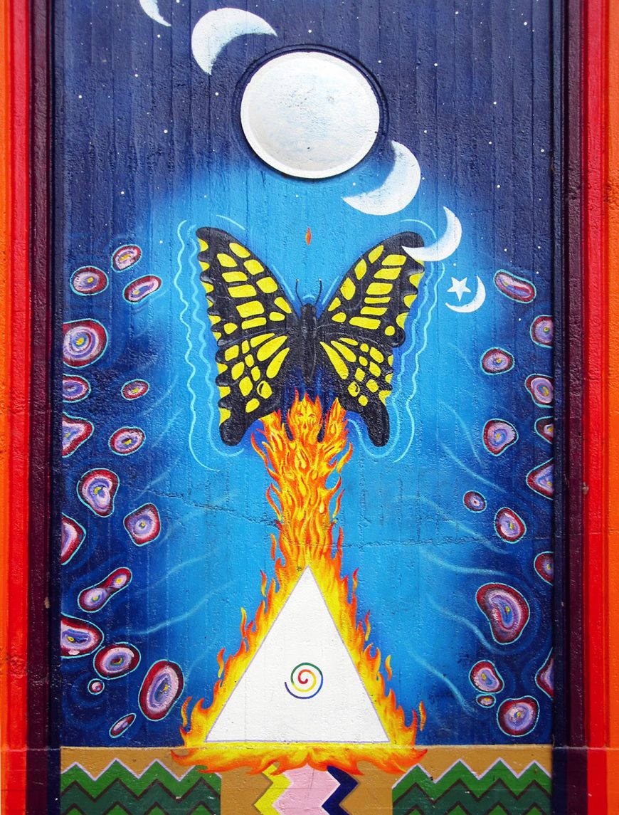 Moon cycle and monarch butterly, Stan Padilla and the Royal Chicano Air Force, Southside Park Mural, 1977 (restored 2001), 14 x 110 feet (Southside Park, Sacramento)