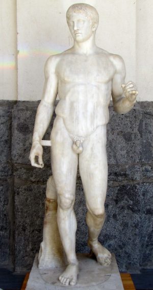 Polykleitos, Doryphoros (Spear-Bearer) or The Canon, c. 450-40 B.C.E., ancient Roman marble copy found in Pompeii of the lost bronze original, 211 cm, Museo Archeologico Nazionale di Napoli