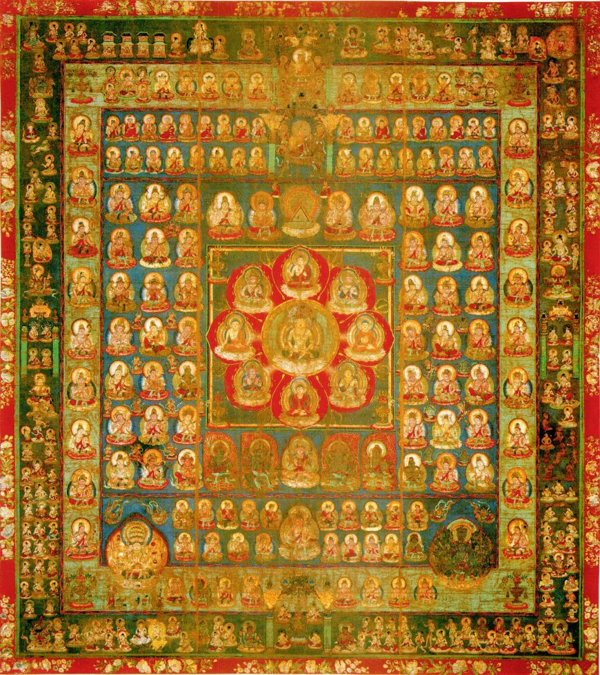 Garbhadhatu (Taizokai) Mandala (Womb World), mandala of Innate Reason and Original Enlightenment, Japan, Heian period (Tantric Buddhism), late 9th century, colors on silk (public domain)