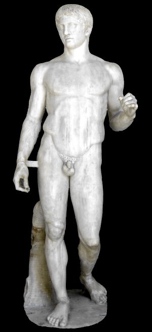 Polykleitos, Doryphoros (Spear-Bearer), c. 450-40 B.C.E., ancient Roman marble copy found in Pompeii of the lost bronze original, 211 cm (Archaeological Museum, Naples)