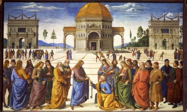 Perugino, Christ Giving the Keys of the Kingdom to St. Peter, Sistine Chapel, 1481-83, fresco, 10 feet 10 inches x 18 feet (Vatican, Rome)