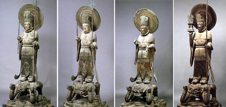 The four Heavenly Kings (Shitennō 四天王), Hakuhō period, painted wood, approx. H. 133.5 cm each (Hōryūji, image adapted from: j_butsuzo)