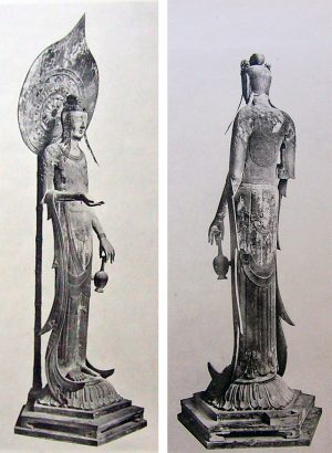 Front and back views of Kudara Kannon from before 1917, sculpture in camphor wood, carved in the 7th century, Hōryūji, Nara, Japan (image adapted from: Wikimedia Commons)