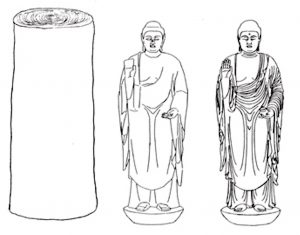 Stages of ichiboku-zukuri 一本造 technique. From left to right: block of wood; sculpture carved in rough form out of the wood block; fine details are further carved (image adapted from: Nara National Museum)