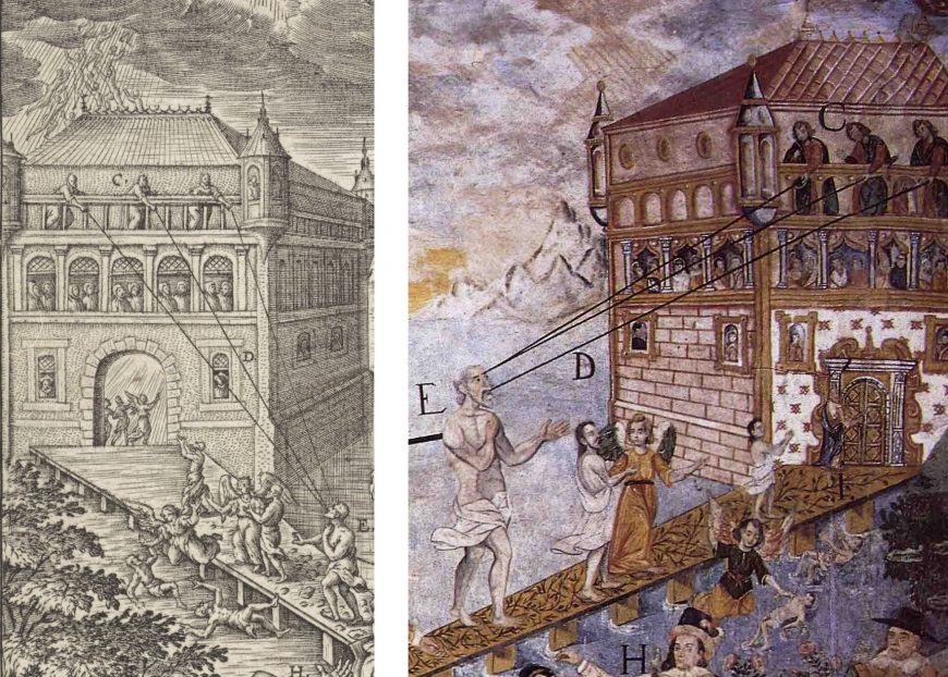 Left: Hieronymus Wierix, The Narrow and Wide Path, detail of the Heavenly Jerusalem, c. 1600. Right: Luis de Riaño and Indigenous collaborators, The Paths to Heaven and Hell, detail of the Heavenly Jerusalem, c. 1626