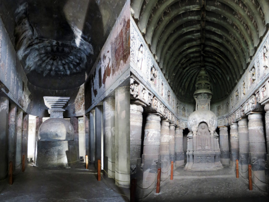 Rock-cut caves at Ajanta showing a solid stupa (left) and a stupa with the image of the Buddha (right), c. 2nd century B.C.E. to 5th century C.E., Aurangabad (photos: Arathi Menon, CC BY-SA-NC-4.0)