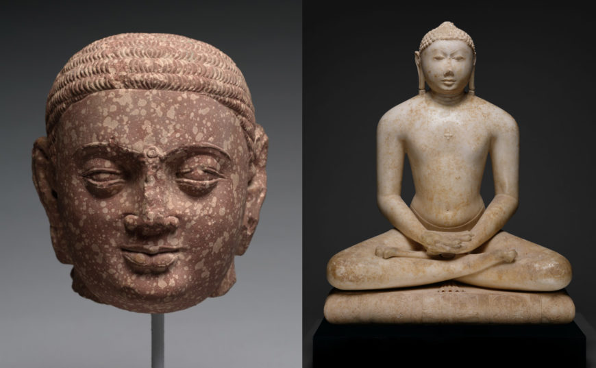 Left: Head of Jina, 2nd c., Kushan period, Mathura, red mottled sandstone, 8 1/2 x 7 3/16 inches (Cleveland Museum of Art); Right: Jain Svetambara Tirthankara in Meditation, 11th c., Solanki period, marble, 39 inches high (The Metropolitan Museum of Art)