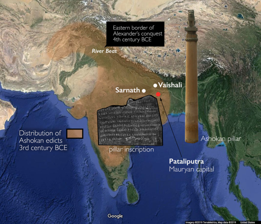 Map showing the distribution of Emperor Ashoka’s edicts, 3rd c. BCE. Pillar inscription from Sarnath (public domain); Ashokan pillar at Vaishali, Bihar (photo: Bpilgrim, CC BY-SA 2.5)