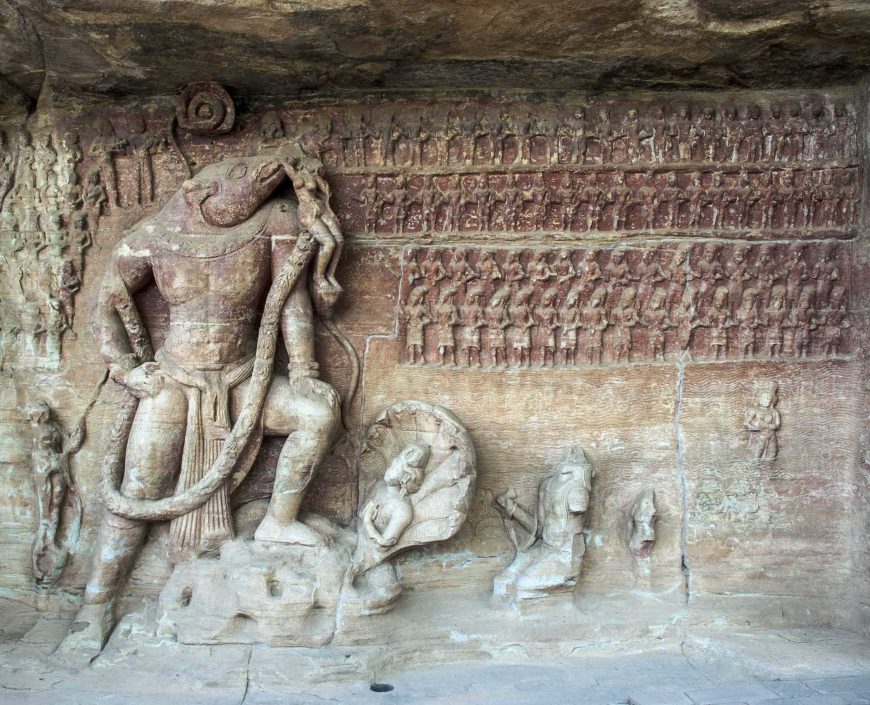 Vishnu as the avatar Varaha rescuing Bhudevi, the goddess earth, Udayagiri cave no. 5, 5th century, Gupta period, Madhya Pradesh (photo: Asitjain, CC BY-SA-3.0)