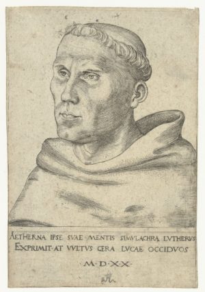 Lucas Cranach the Elder, Portrait of Martin Luther as an Augustinian monk, 1520 engraving, 14.4cm × 9.7cm (Rijksmuseum, Amsterdam)