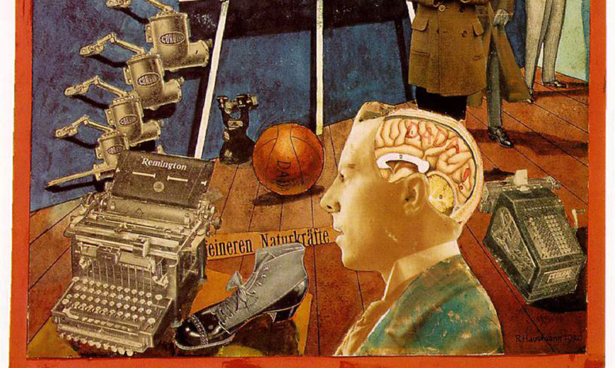 Raoul Hausmann, <em>A Bourgeois Precision Brain Incites a World Movement</em>, also known as <em>Dada siegt (Dada Triumphs)</em>, 1920, photomontage and collage with watercolor on paper, 33.5 x 27.5 cm (private collection)