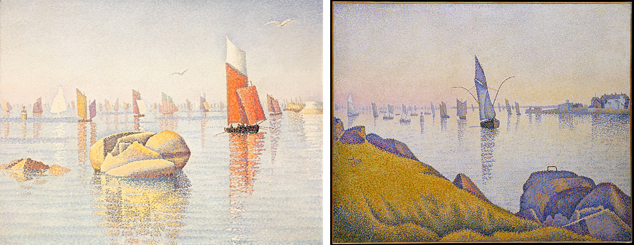 Left: Paul Signac, Morning Calm, Concarneau, Opus 219 (Larghetto), 1891, oil on canvas, 65.7 x 81.6 cm (private collection); Right: Paul Signac, Evening Calm, Concarneau, Opus 220 (Allegro Maestoso), 1891, oil on canvas, 64.9 x 81.3 cm (The Metropolitan Museum of Art)