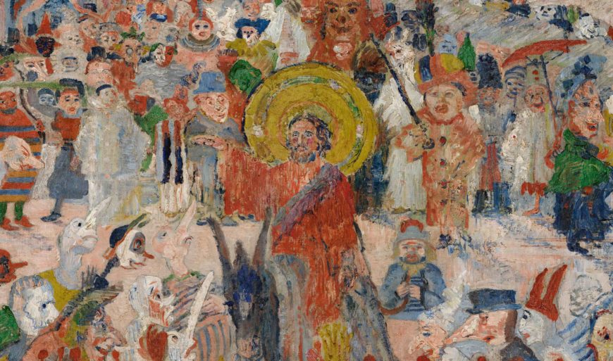 James Ensor, Christ’s Entry into Brussels in 1889, detail, 1888, oil on canvas, 99 1/2 x 169 1/2 inches (J. Paul Getty Museum, Los Angeles)