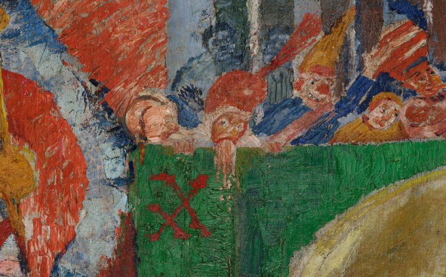 James Ensor, Christ’s Entry into Brussels in 1889, detail, 1888, oil on canvas, 99 1/2 x 169 1/2 inches (J. Paul Getty Museum, Los Angeles)