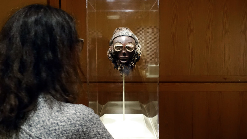 Female (pwo) mask, Chokwe peoples, Democratic Republic of Congo, early 20th century, wood, plant fiber, pigment, copper alloy, 39.1 cm high (Smithsonian National Museum of African Art)