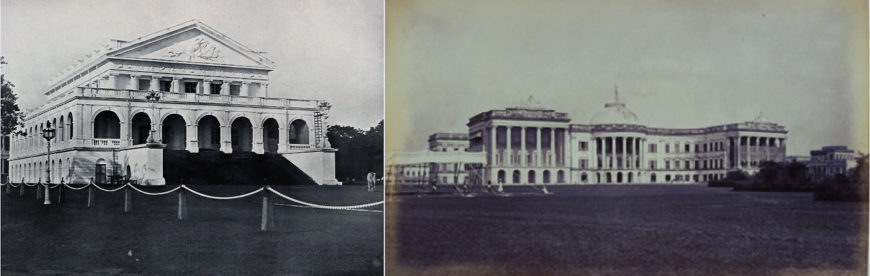 Left: Banqueting Hall (now Rajaji Hall), 1802, Chennai (photographed c. 1905, public domain); Right: Government House (now Raj Bhavan), 1803, Kolkata (photographed c. 1865, public domain)