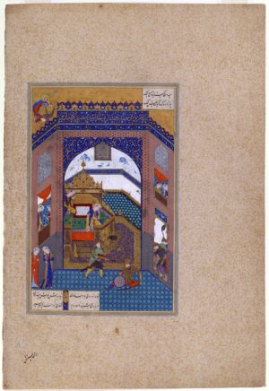 Folio from the Tahmasp Shahnama that was sold in 1977 to the British Rail Pension Fund and then resold at auction in 1996 to the Freer Gallery of Art. “Faridun strikes down Zahhak,” from the Shahnama of Shah Tahmasp I, c. 1525 (Safavid, Tabriz, Iran), ink, opaque watercolor, and gold on paper, 27.2 x 17.4 cm (National Museum of Asian Art, Smithsonian Institute, Washington, D.C.)