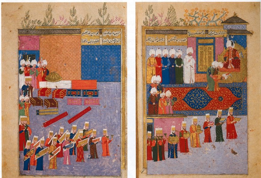 Nakkaş Osman, "Presentation of Gifts by the Safavid Ambassador, Shahquili, to Sultan Selim II at Edirne in 1568," from Seyyid Lokman, Şehname-I Selim Han, 1581 (Topkapi Palace Library, Istanbul, A3595, folio 53b–54a)