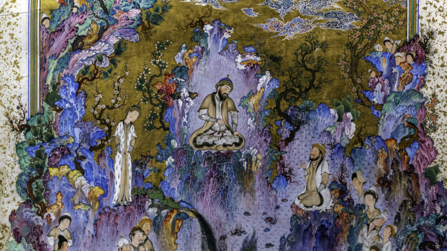 Attributed to Sultan Muhammad, "The Lord of the World" shown as part of "The Court of Kayumars," from the Shahnama of Shah Tahmasp I, c. 1524–25 (Safavid, Tabriz, Iran), opaque watercolor, ink, gold, silver on paper, folio 20 verso, 47 x 32 cm (Aga Khan Museum, Toronto; photo: Steven Zucker, CC BY-NC-SA 2.0)