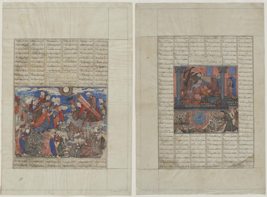 These two paintings were originally on different sides of the same folio. To maximize his profits, Demotte pulled the folio apart and in doing so damaged the pages. The page on the left, much abraded but intact, is now pasted to a back side with unrelated text about Kay Khusraw’s war. The painting shown on the right has no original text around it and is now pasted onto a folio with irrelevant text about Siyâvash. Left: “Faridun mourns the coffin of his son Iraj,” from the Great Mongol Shahnama, c. 1330–40 (Il-Khanid dynasty, Tabriz, Iran), ink, opaque watercolor, and gold on paper, 59.5 x 40 cm (National Museum of Asian Art, Smithsonian Institute, Washington, D.C.); right: “Faridun goes to Iraj’s palace and mourns,” from the Great Mongol Shahnama, c. 1330–40 (Il-Khanid dynasty, Tabriz, Iran), ink, opaque watercolor and gold on paper, 59.3 x 40.1 cm (National Museum of Asian Art, Smithsonian Institute, Washington, D.C.)