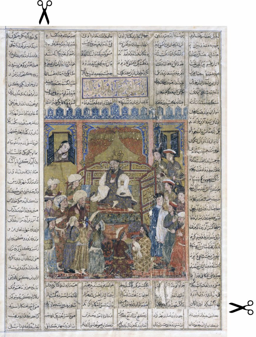 A page from the Great Mongol Shahnama that has been abraded while being split from the original reverse side of the folio. It is now pasted into a page with text from another part of the epic (scissor icons indicate the edges of the top sheet of paper). It was purchased from Demotte, Inc in 1923. “Zahhak Enthroned,” from the Great Mongol Shahnama, c. 1330–40 (Il-Khanid dynasty, Tabriz, Iran), ink, opaque watercolor, and gold on paper, 24.3 x 19.7 cm (National Museum of Asian Art, Smithsonian Institute, Washington, D.C.)