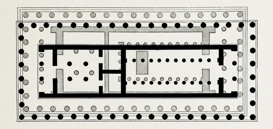 Plan of the Older Parthenon (black) superimposed on that of the Parthenon (hatch marks). 