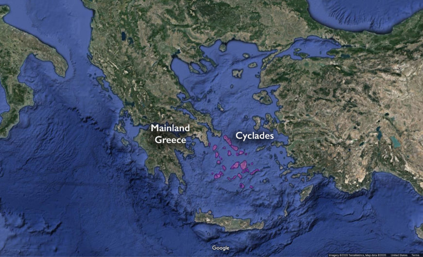 Map of the Cyclades (underlying map © Google)