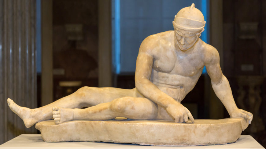 Wounded Gaul, from the Small Pergamene Votive Offering, Roman copy of the 2nd century C.E.. from a Greek original of the 2nd century B.C.E. (Museo Archeologico Nazionale, Naples)