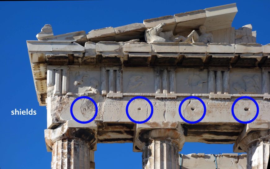 Parthenon with Persian shields from Alexander the Great just below the metopes