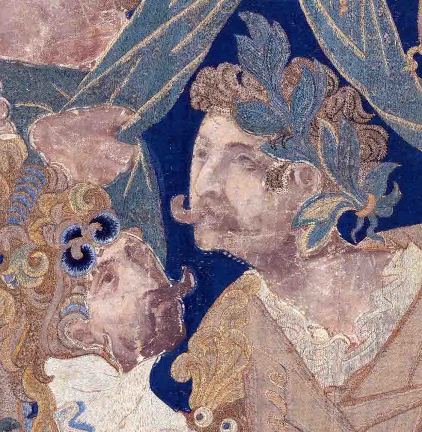 Detail of Paris, The Abduction of Helen, from a set of the story of Troy, first half of the 17th century, cotton, embroidered with silk and gilt-paper-wrapped thread, pigment, from China, for the Portuguese market 3.6 x 4.8 m (The Metropolitan Museum of Art)