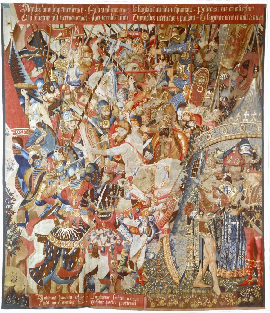 The Battle with the Sagittary and the Conference at Achilles' Tent (from Scenes from the Story of the Trojan War), c. 1470–90, Wool warp, wool wefts with a few silk wefts, 436.9 × 396.2 cm, probably produced through Jean or Pasquier Grenier, Made in Tournai, South Netherlands (The Metropolitan Museum of Art)