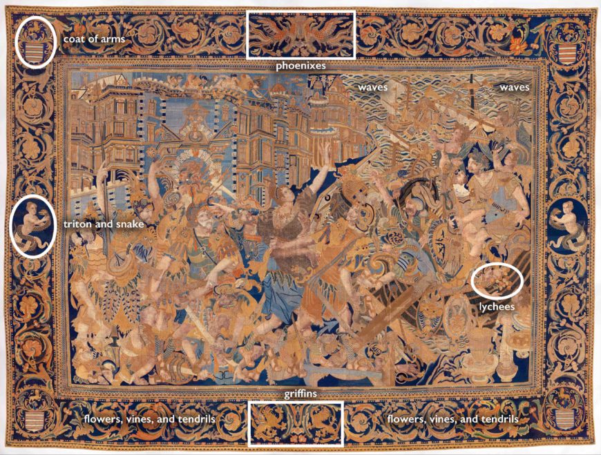 The Abduction of Helen, from a set of the story of Troy, first half of the 17th century, cotton, embroidered with silk and gilt-paper-wrapped thread, pigment, from China, for the Portuguese market 3.6 x 4.8 m (The Metropolitan Museum of Art)