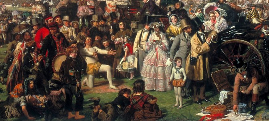 Center (detail), William Powell Frith, The Derby Day, detail of the scene around the thimble rigger, 1856–8, oil on canvas, 101.6 × 223.5 cm (Tate Britain)