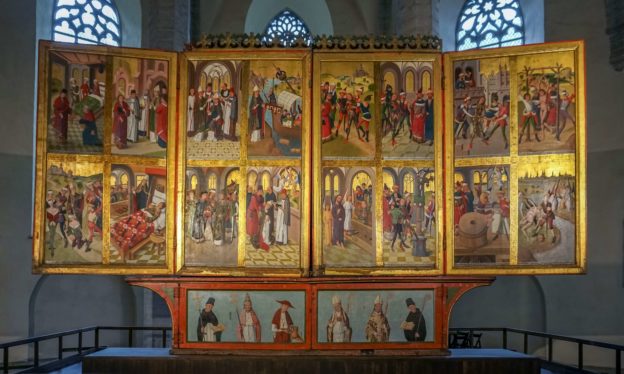 Hermen Rode, Sts. Nicholas and Victor Altarpiece (final view completely open), 1478–1481, Tallinn (Art Museum of Estonia)