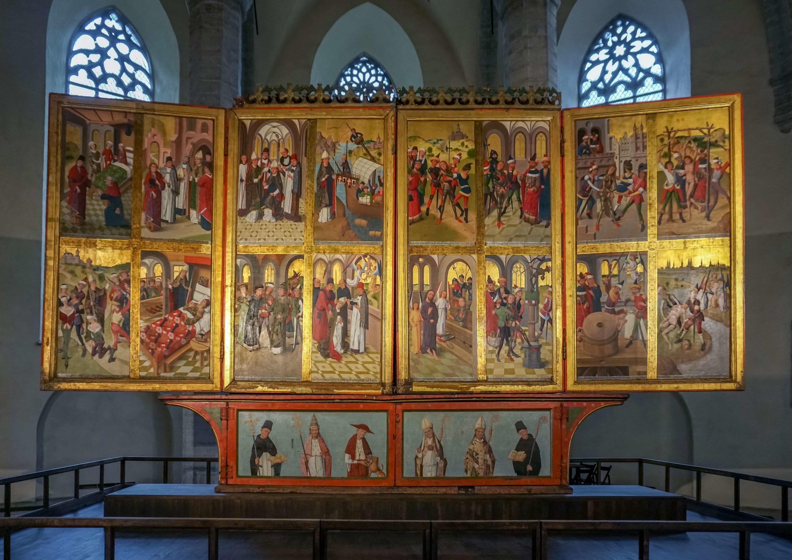 Hermen Rode, Sts. Nicholas and Victor Altarpiece (final view completely open), 1478–1481, Tallinn (Art Museum of Estonia)