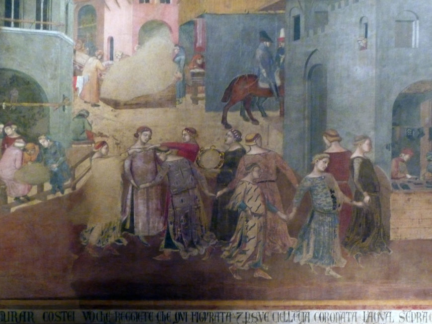 Detail, Ambrogio Lorenzetti, Allegory of Good Government, Effects of Good Government in the City and the Country, c. 1337-40, fresco, Sala della Pace (Hall of Peace) also known as the Sala dei Nove (the Hall of the Nine), 7.7 x 14.4 meters (room), Palazzo Pubblico, Siena (photo: Steven Zucker, CC BY-NC-SA 2.0)