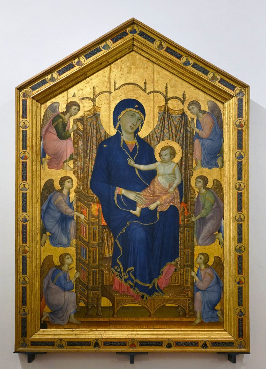 Duccio di Buoninsegna, Rucellai Madonna, 1285-86, tempera on panel, 177 x 114″ / 450 x 290 cm (Uffizi, Florence; photo: Steven Zucker, CC BY-NC-SA 2.0)